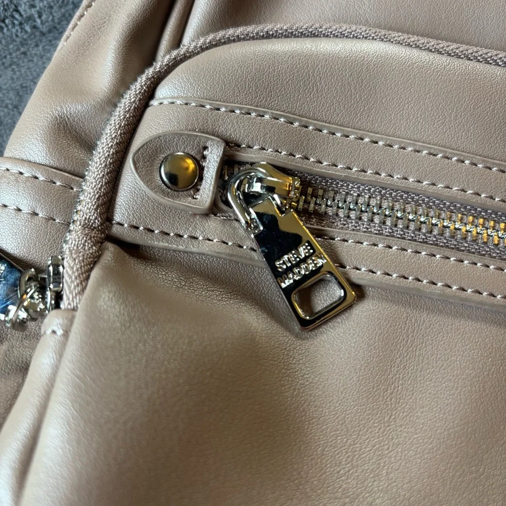 New Steve Madden Backpack Purse, Faux Leather, Silver Hardware, Taupe / Tan